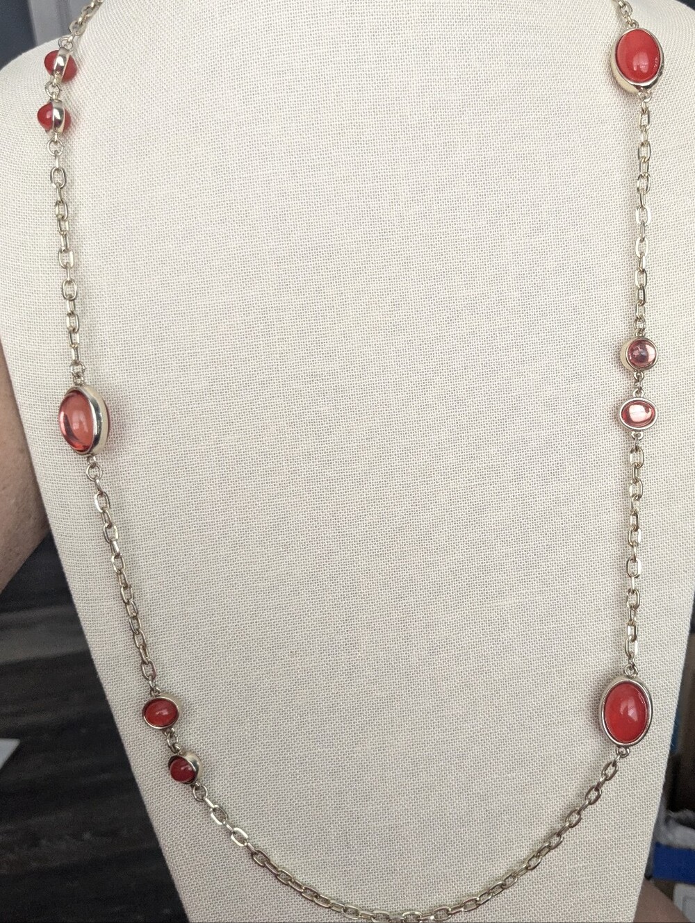 Silver Tone Watermelon Glass Station Necklace – 36” Long Vintage Style - Picture 3 of 6